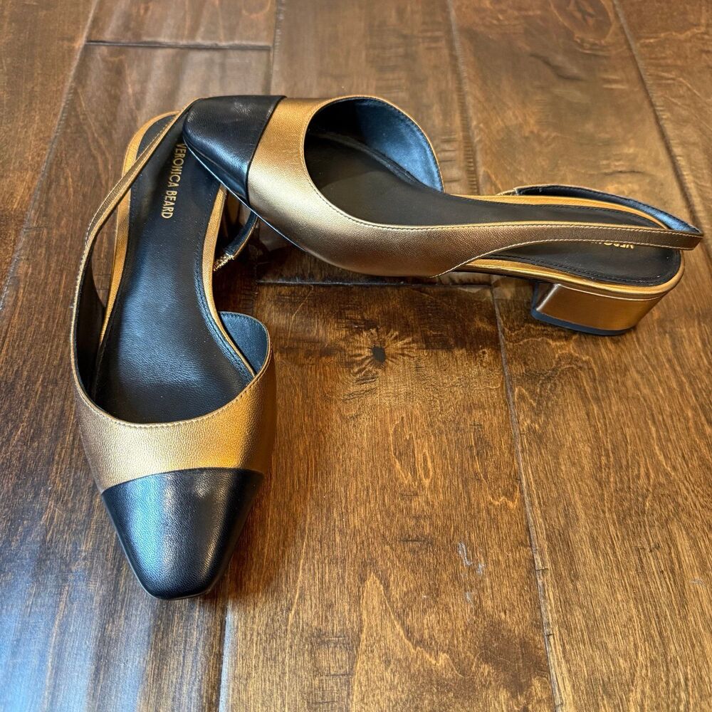 Veronica Beard Cecile Slingback Block Heels Black & Gold size 7 NWOT